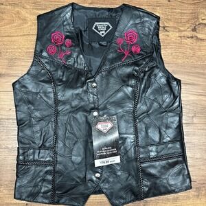 NEW Diamond Plate Buffalo Leather Womens Large Biker Vest Roses Moto‎ Patchwork